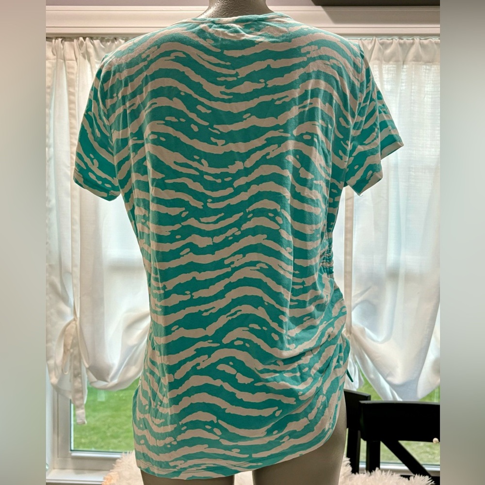 MICHAEL KORS Aqua Zebra Print Top XL | Ruched Side MK Logo Tee - Picture 5 of 9